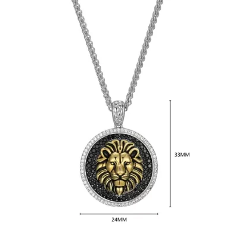 Men's Genuine Black Spinel and Created White Sapphire Lion Pendant Necklace in 18k Gold And Rhodium Plated Sterling Silver