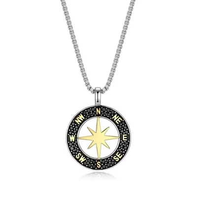Men's Genuine Black Spinel Compass Pendant Necklace in 18K Gold and Rhodium Plated Sterling Silver