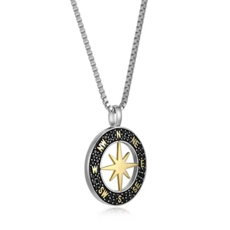 Men's Genuine Black Spinel Compass Pendant Necklace in 18K Gold and Rhodium Plated Sterling Silver