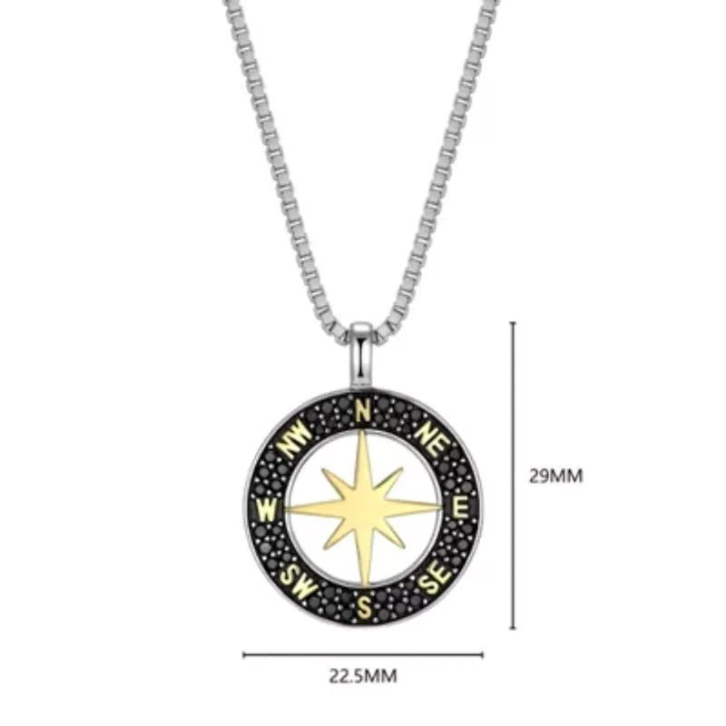 Men's Genuine Black Spinel Compass Pendant Necklace in 18K Gold and Rhodium Plated Sterling Silver