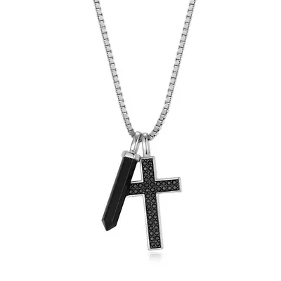 Men's Genuine Onyx and Black Sapphire Cross Pendant Necklace in Rhodium Plated Sterling Silver