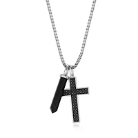 Men's Genuine Onyx and Black Sapphire Cross Pendant Necklace in Rhodium Plated Sterling Silver