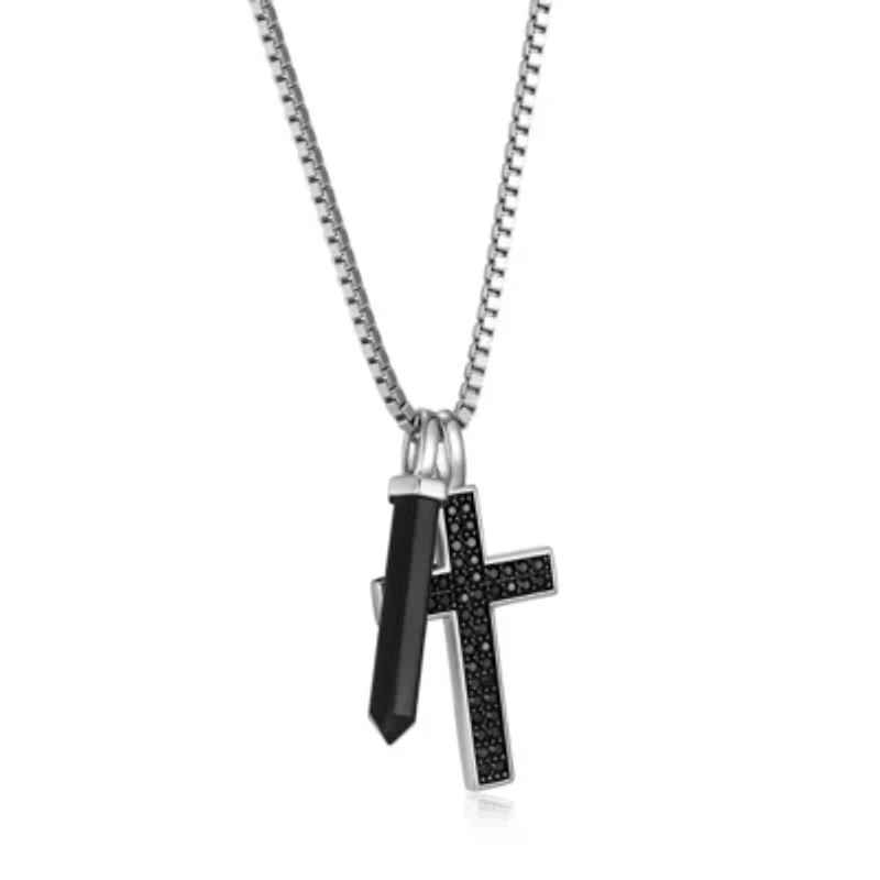 Men's Genuine Onyx and Black Sapphire Cross Pendant Necklace in Rhodium Plated Sterling Silver