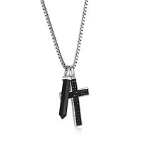 Men's Genuine Onyx and Black Sapphire Cross Pendant Necklace in Rhodium Plated Sterling Silver