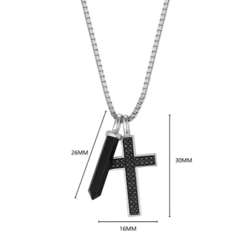 Men's Genuine Onyx and Black Sapphire Cross Pendant Necklace in Rhodium Plated Sterling Silver
