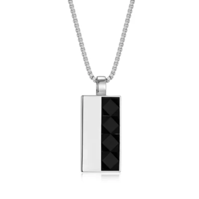 Rhodium Plated Sterling Silver Men's Genuine Black Onyx Pendant Necklace