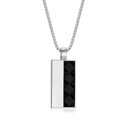 Rhodium Plated Sterling Silver Men's Genuine Black Onyx Pendant Necklace