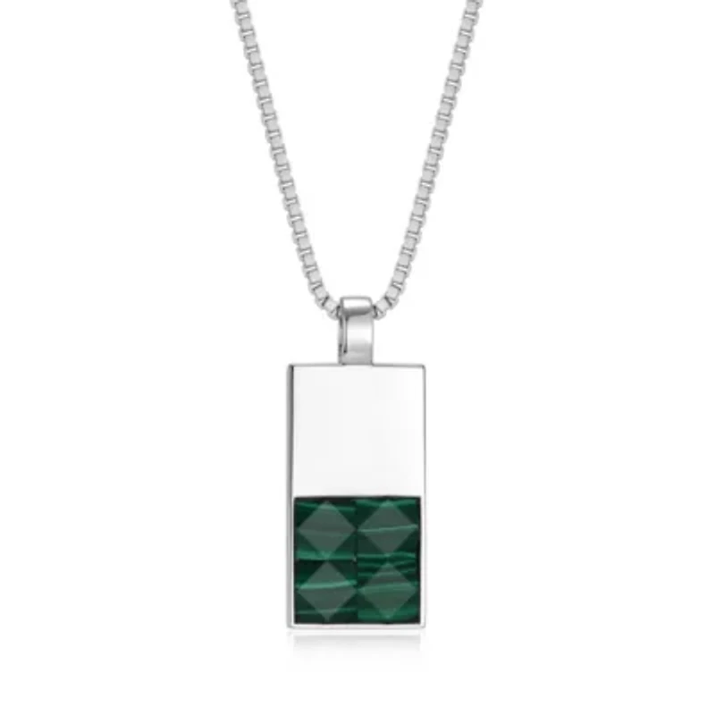 Rhodium Plated Sterling Silver Men's Genuine Malachite Pendant Necklace