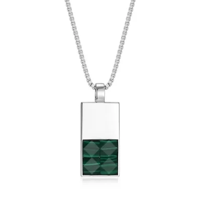 Rhodium Plated Sterling Silver Men's Genuine Malachite Pendant Necklace