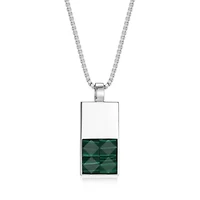 Rhodium Plated Sterling Silver Men's Genuine Malachite Pendant Necklace