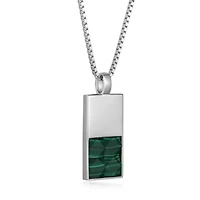 Rhodium Plated Sterling Silver Men's Genuine Malachite Pendant Necklace