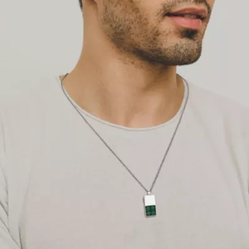 Rhodium Plated Sterling Silver Men's Genuine Malachite Pendant Necklace