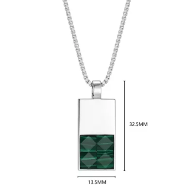 Rhodium Plated Sterling Silver Men's Genuine Malachite Pendant Necklace