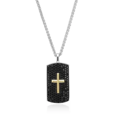 Two Tone Sterling Silver Men's Genuine Black Spinel Cross Dog-Tag Pendant Necklace