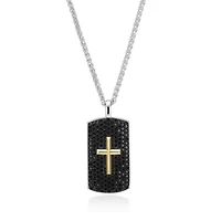 Two Tone Sterling Silver Men's Genuine Black Spinel Cross Dog-Tag Pendant Necklace