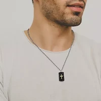 Two Tone Sterling Silver Men's Genuine Black Spinel Cross Dog-Tag Pendant Necklace