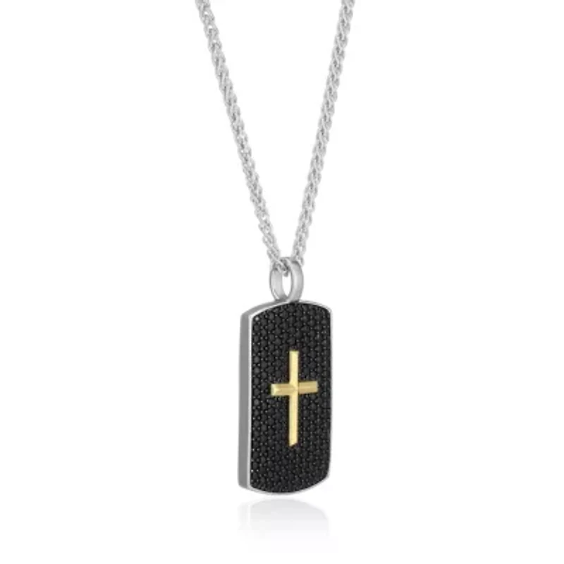 Two Tone Sterling Silver Men's Genuine Black Spinel Cross Dog-Tag Pendant Necklace