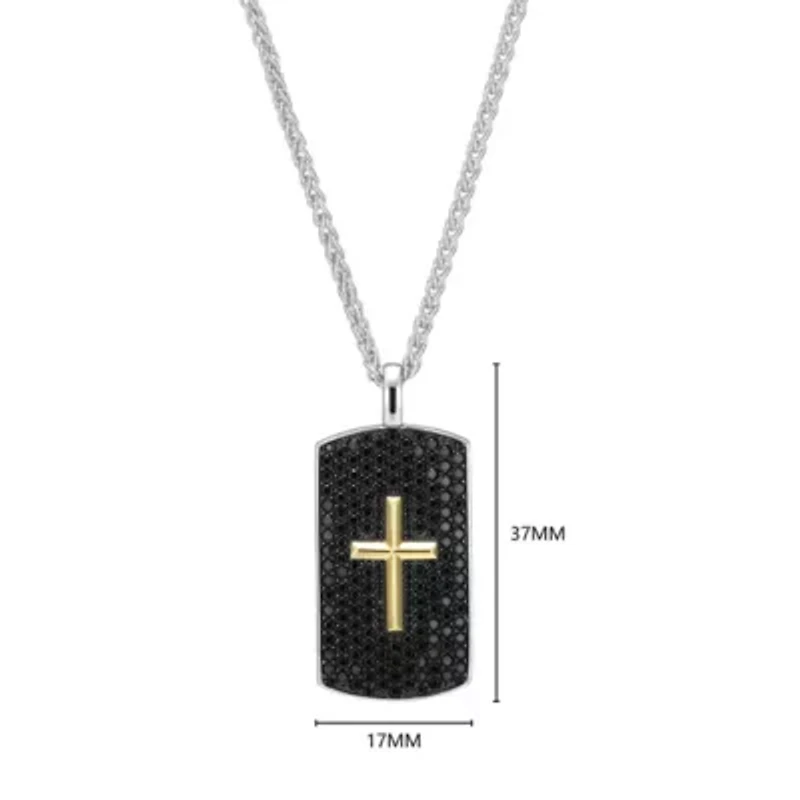 Two Tone Sterling Silver Men's Genuine Black Spinel Cross Dog-Tag Pendant Necklace
