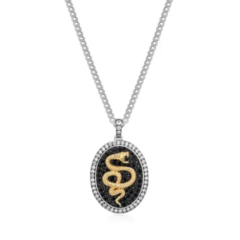 Two Tone Sterling Silver Men's Genuine Black Sapphire and Created White Sapphire Oval Snake Pendant Necklace