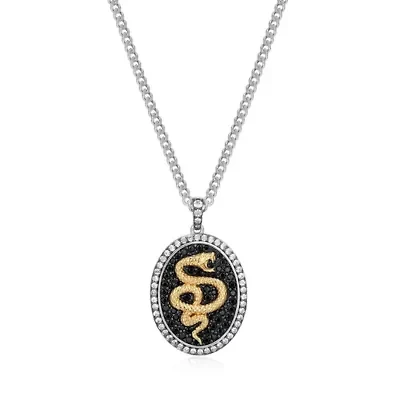 Two Tone Sterling Silver Men's Genuine Black Sapphire and Created White Sapphire Oval Snake Pendant Necklace