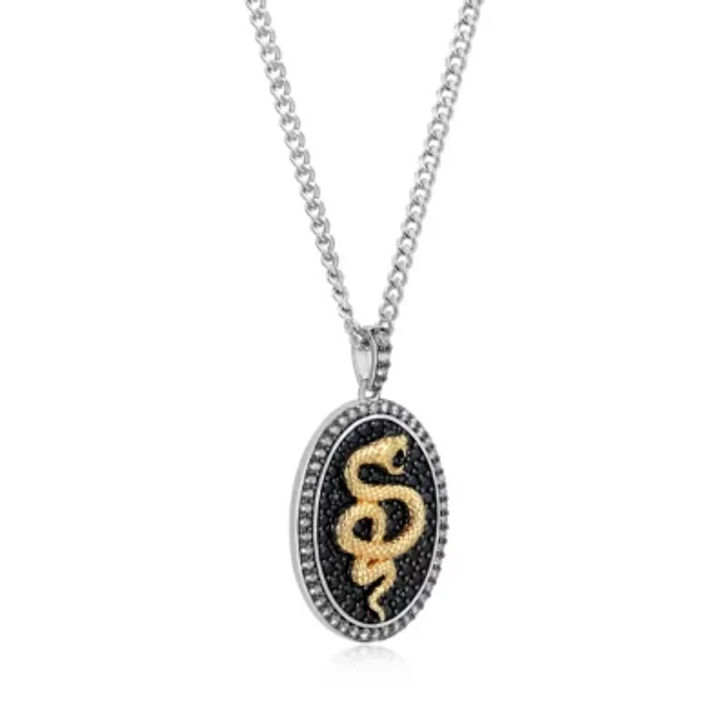 Two Tone Sterling Silver Men's Genuine Black Sapphire and Created White Sapphire Oval Snake Pendant Necklace