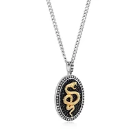 Two Tone Sterling Silver Men's Genuine Black Sapphire and Created White Sapphire Oval Snake Pendant Necklace
