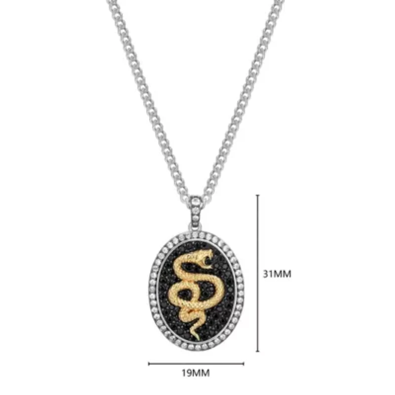 Two Tone Sterling Silver Men's Genuine Black Sapphire and Created White Sapphire Oval Snake Pendant Necklace