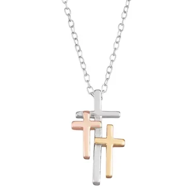 Tri-Color Sterling Silver Triple Cross Necklace