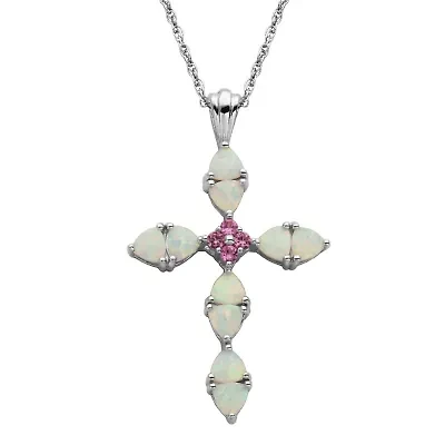 Rhodium Plated Sterling Silver Opal & Pink Sapphire Cross Necklace
