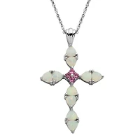 Rhodium Plated Sterling Silver Opal & Pink Sapphire Cross Necklace