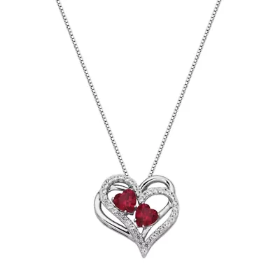 Created Ruby and White Sapphire Heart Necklace in Rhodium Plated Sterling Silver