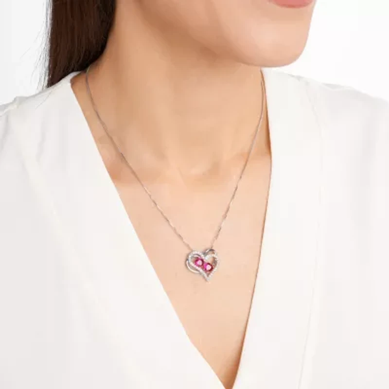 Created Ruby and White Sapphire Heart Necklace in Rhodium Plated Sterling Silver
