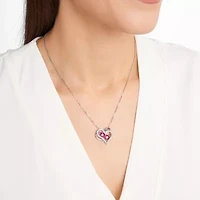 Created Ruby and White Sapphire Heart Necklace in Rhodium Plated Sterling Silver