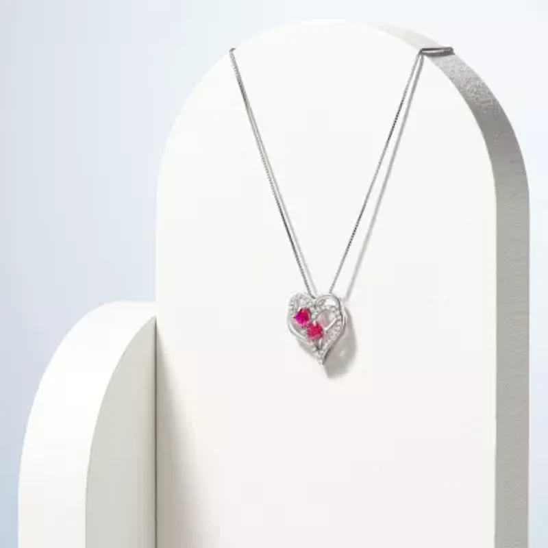 Created Ruby and White Sapphire Heart Necklace in Rhodium Plated Sterling Silver
