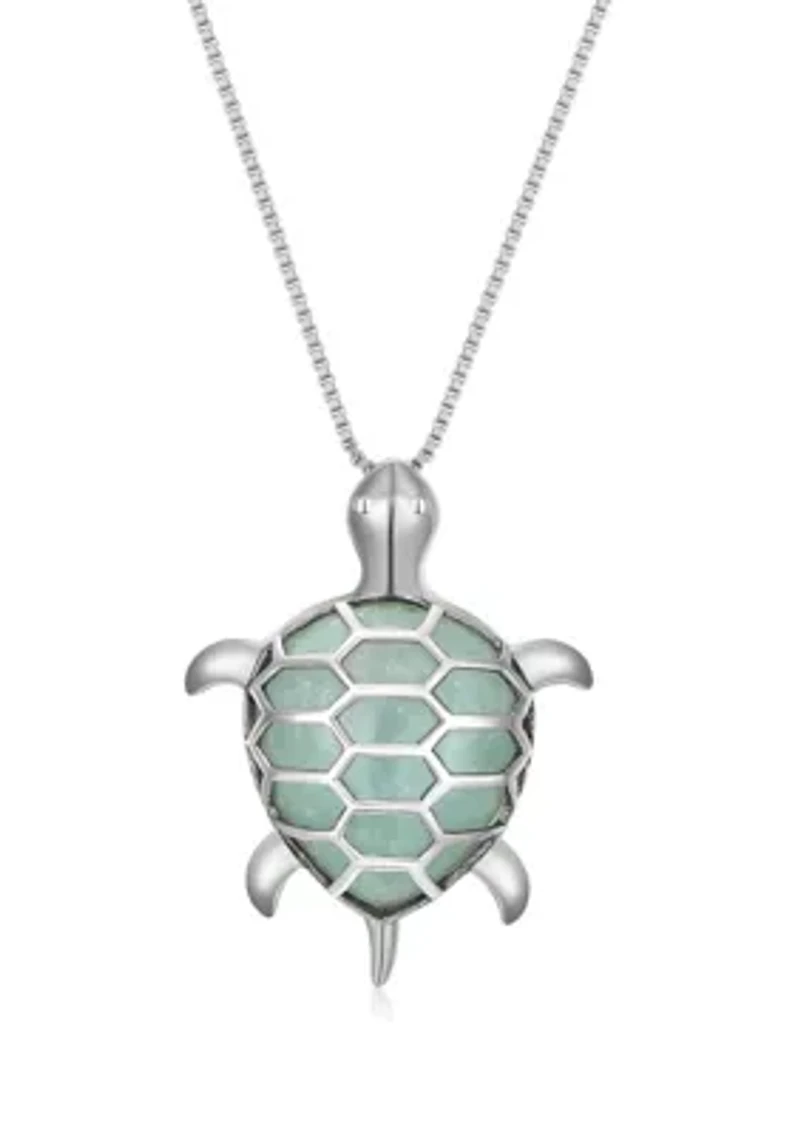 Genuine Jade Turtle Pendant Necklace In Rhodium Plated Sterling Silver