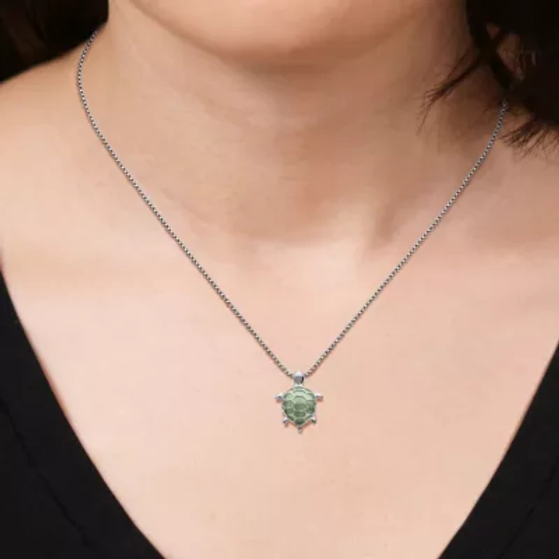 Genuine Jade Turtle Pendant Necklace In Rhodium Plated Sterling Silver