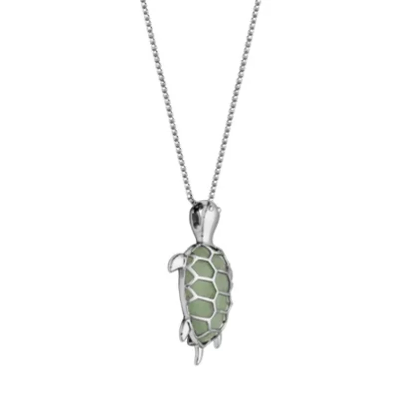 Genuine Jade Turtle Pendant Necklace In Rhodium Plated Sterling Silver