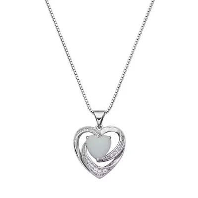 Created Opal and White Sapphire Heart Necklace in Rhodium Plated Sterling Silver