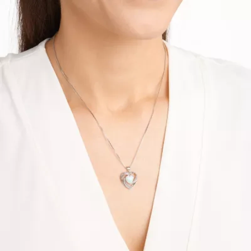 Created Opal and White Sapphire Heart Necklace in Rhodium Plated Sterling Silver