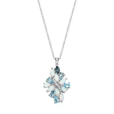 Genuine Blue Topaz and Created White Sapphire Pendant in Rhodium-plated Sterling Silver