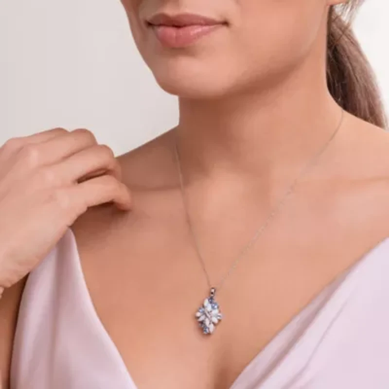 Genuine Blue Topaz and Created White Sapphire Pendant in Rhodium-plated Sterling Silver