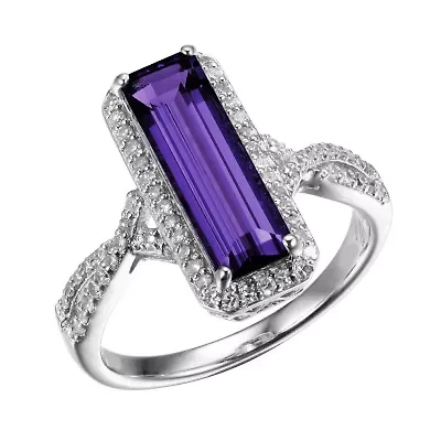 Genuine African Amethyst and Created White Topaz Ring in Rhodium-plated Sterling Silver