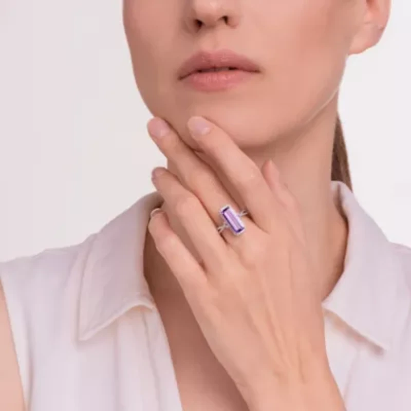 Genuine African Amethyst and Created White Topaz Ring in Rhodium-plated Sterling Silver
