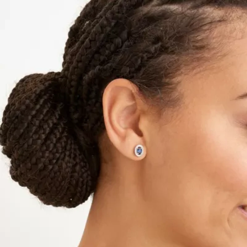 Created Blue and White Sapphire Halo Necklace and Earring Set in Sterling Silver