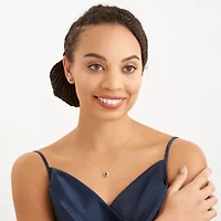 Created Blue and White Sapphire Halo Necklace and Earring Set in Sterling Silver