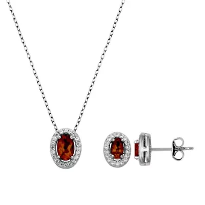 Genuine Garnet and Created White Sapphire Halo Necklace and Earring Set in Sterling Silver