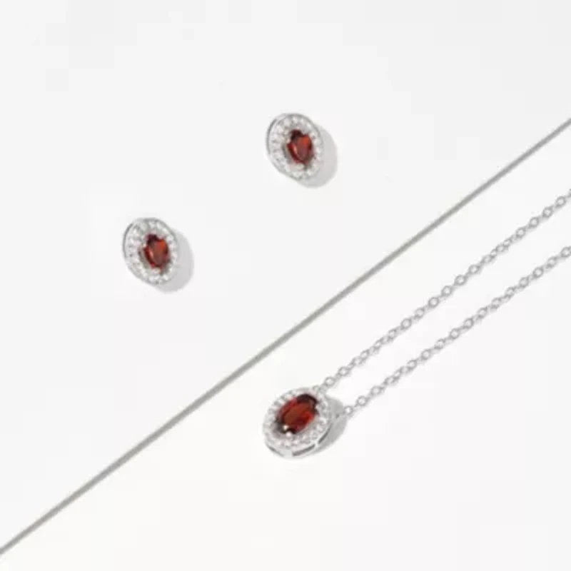 Genuine Garnet and Created White Sapphire Halo Necklace and Earring Set in Sterling Silver