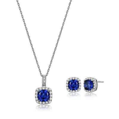 Created Blue and White Sapphire Cushion Halo Necklace and Earring Set in Sterling Silver