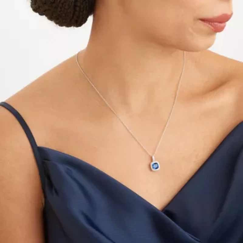Created Blue and White Sapphire Cushion Halo Necklace and Earring Set in Sterling Silver