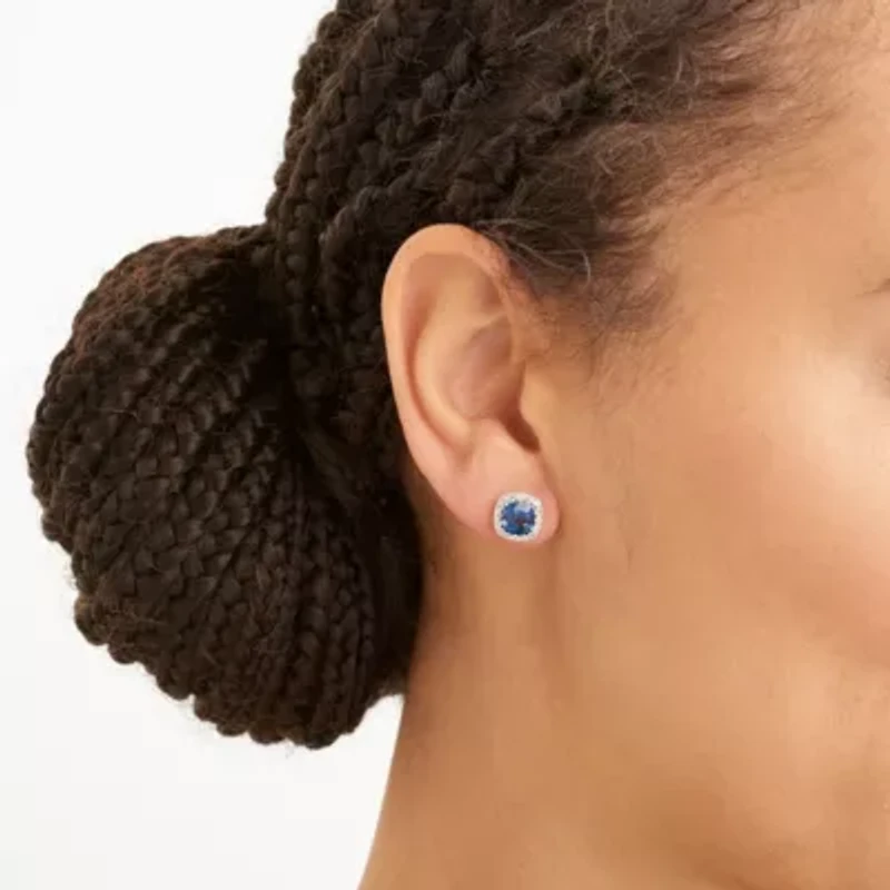 Created Blue and White Sapphire Cushion Halo Necklace and Earring Set in Sterling Silver